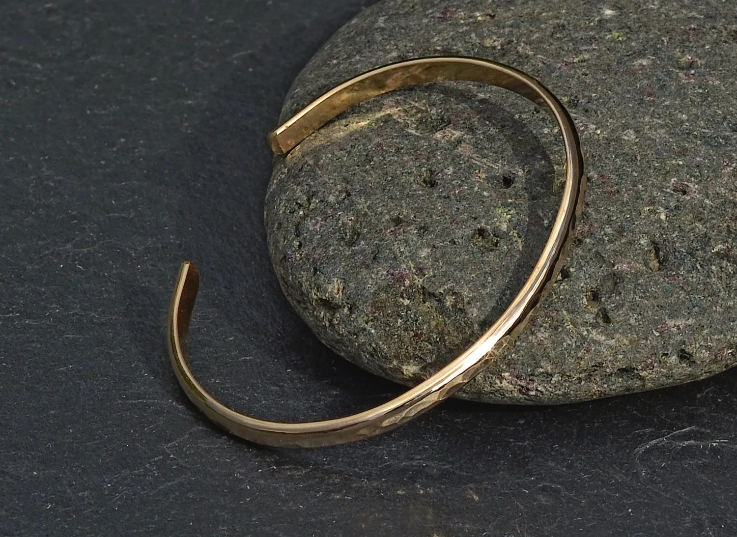 14k Gold hammered sleek cuff bracelet with mirror finish and dainty styling