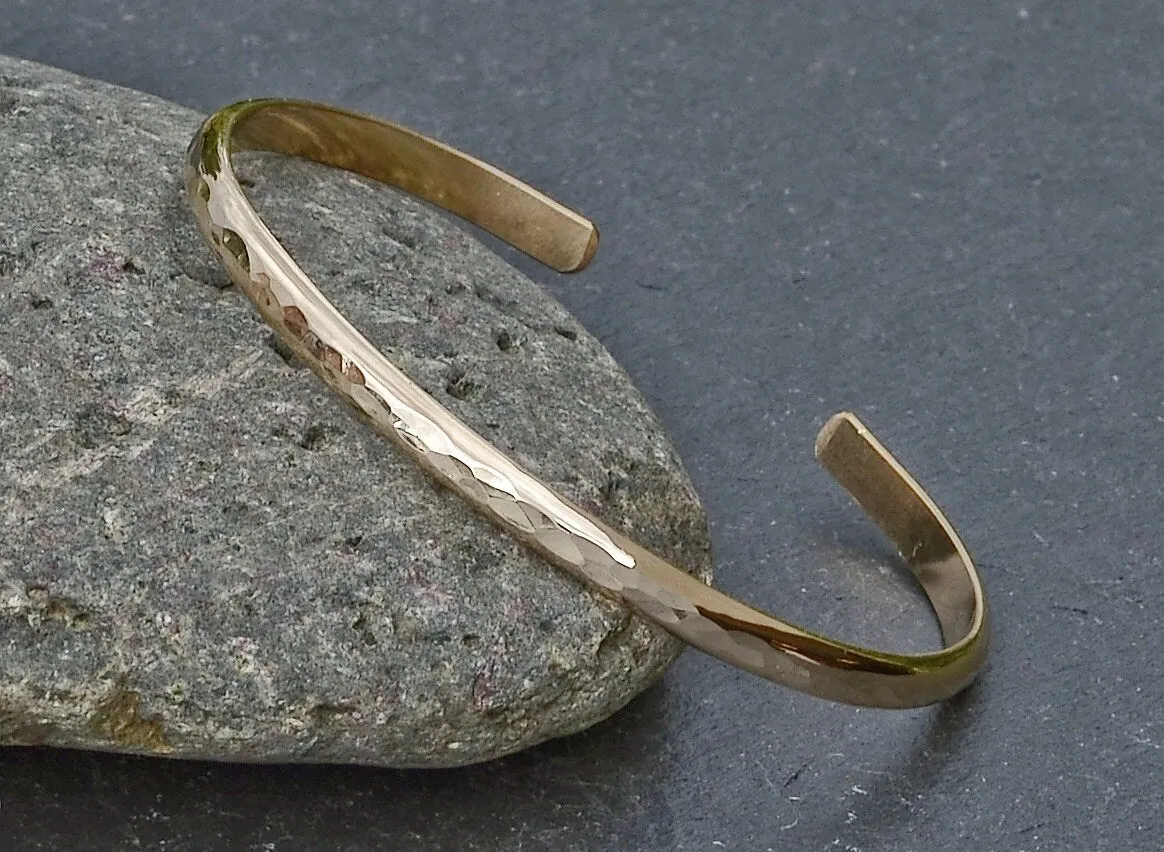14k Gold hammered sleek cuff bracelet with mirror finish and dainty styling