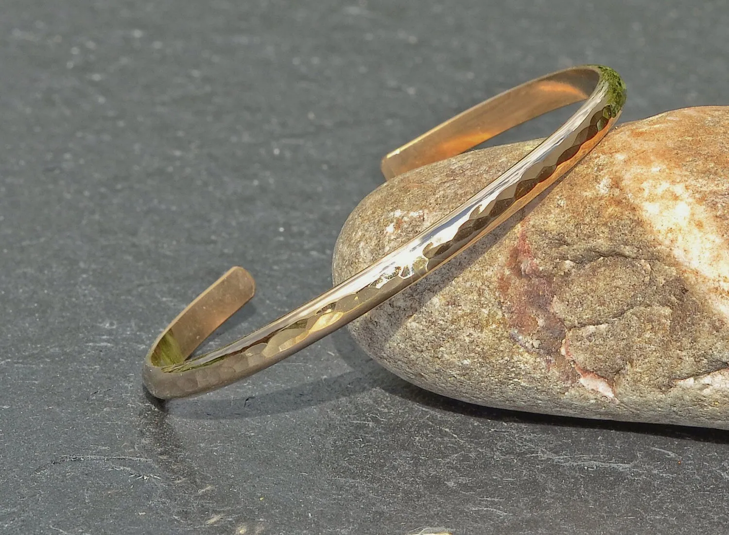 14k Gold hammered sleek cuff bracelet with mirror finish and dainty styling
