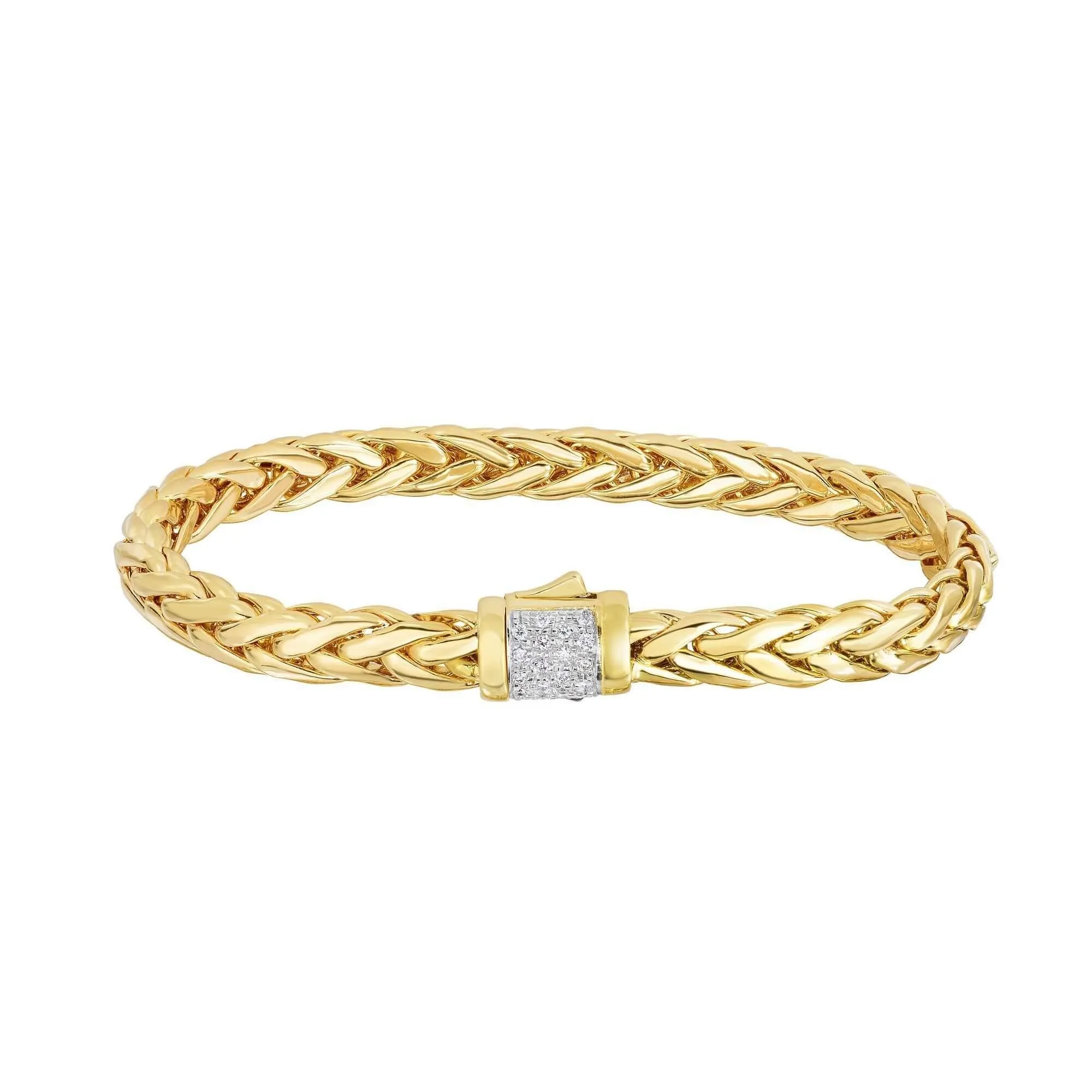 14kt 7.5 inches Yellow Gold Shiny Finish Fancy Woven Braided Bracelet with Box Clasp 0.18ct. Diamond