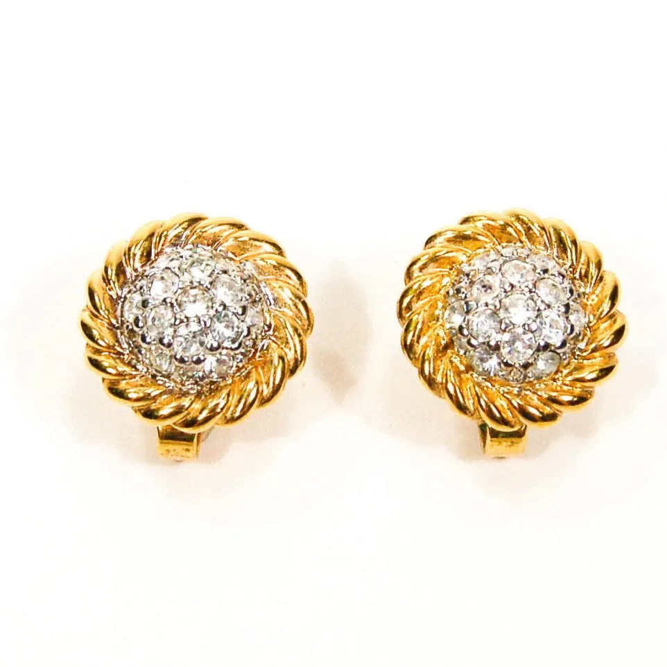 1980's Gold Tone Cable Rhinestone Clip Earrings