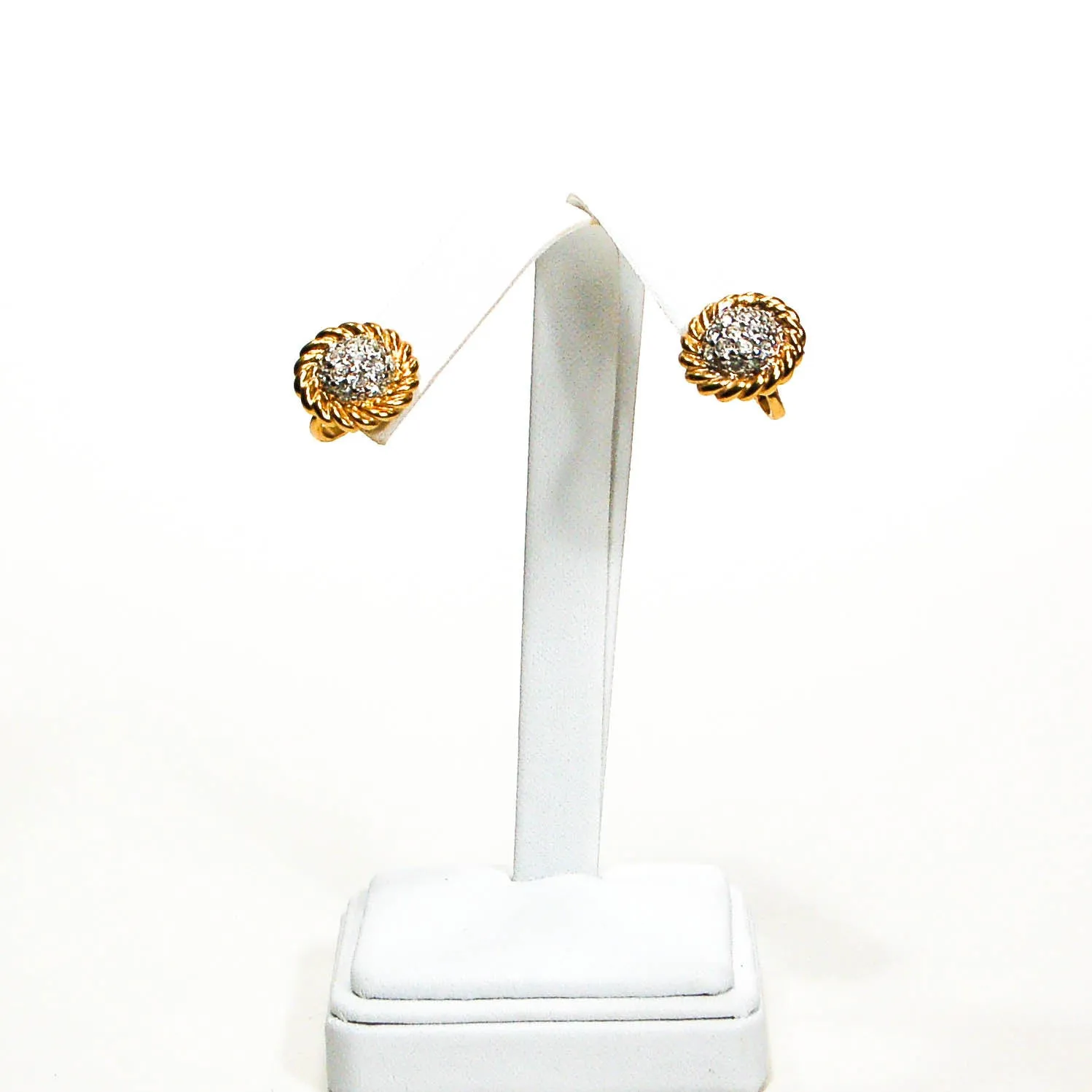 1980's Gold Tone Cable Rhinestone Clip Earrings