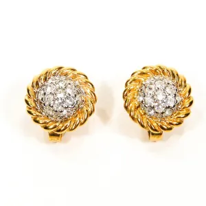 1980's Gold Tone Cable Rhinestone Clip Earrings