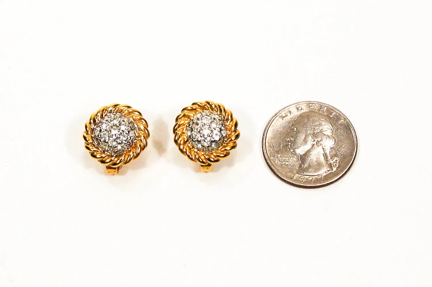 1980's Gold Tone Cable Rhinestone Clip Earrings