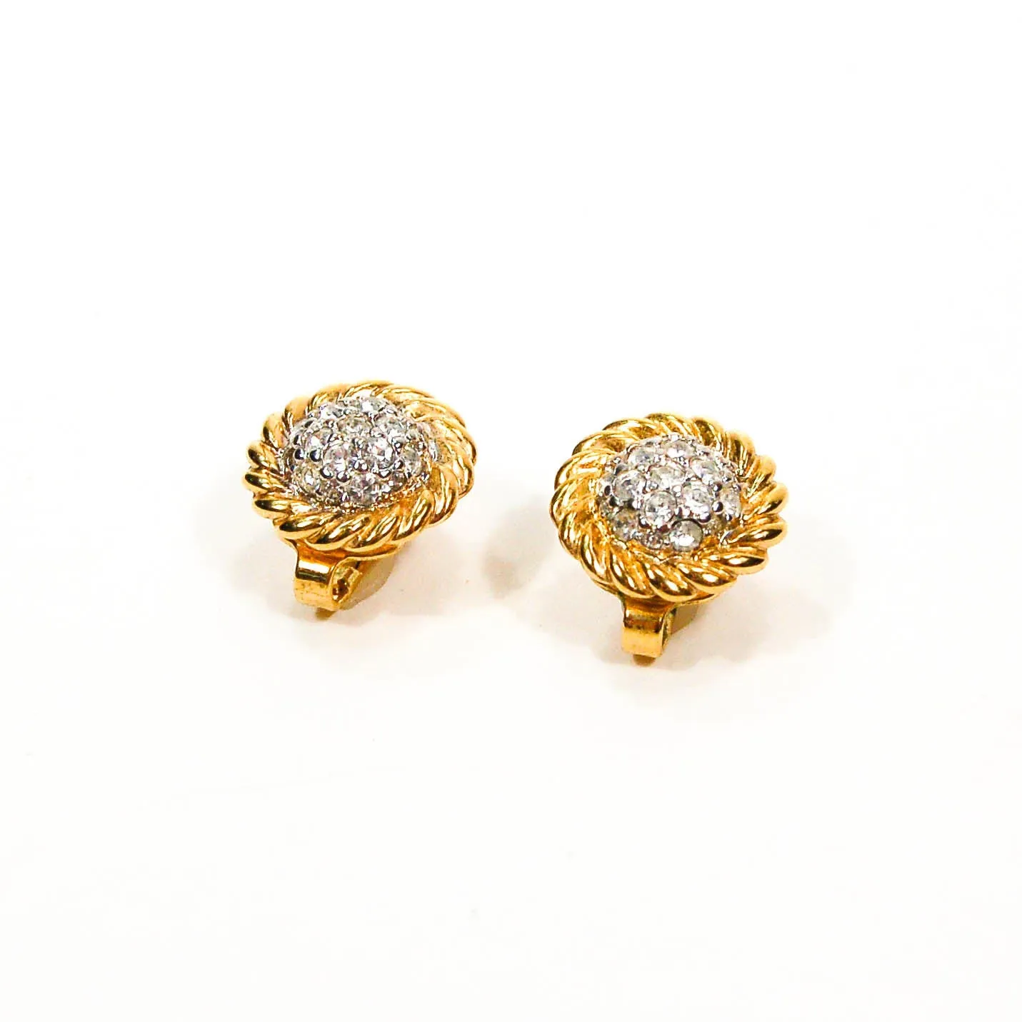 1980's Gold Tone Cable Rhinestone Clip Earrings