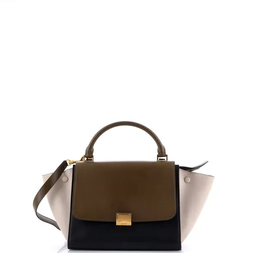 $2,950 CELINE - "Trapeze" Sleek Calfskin Tricolor Moss Green Handbag -