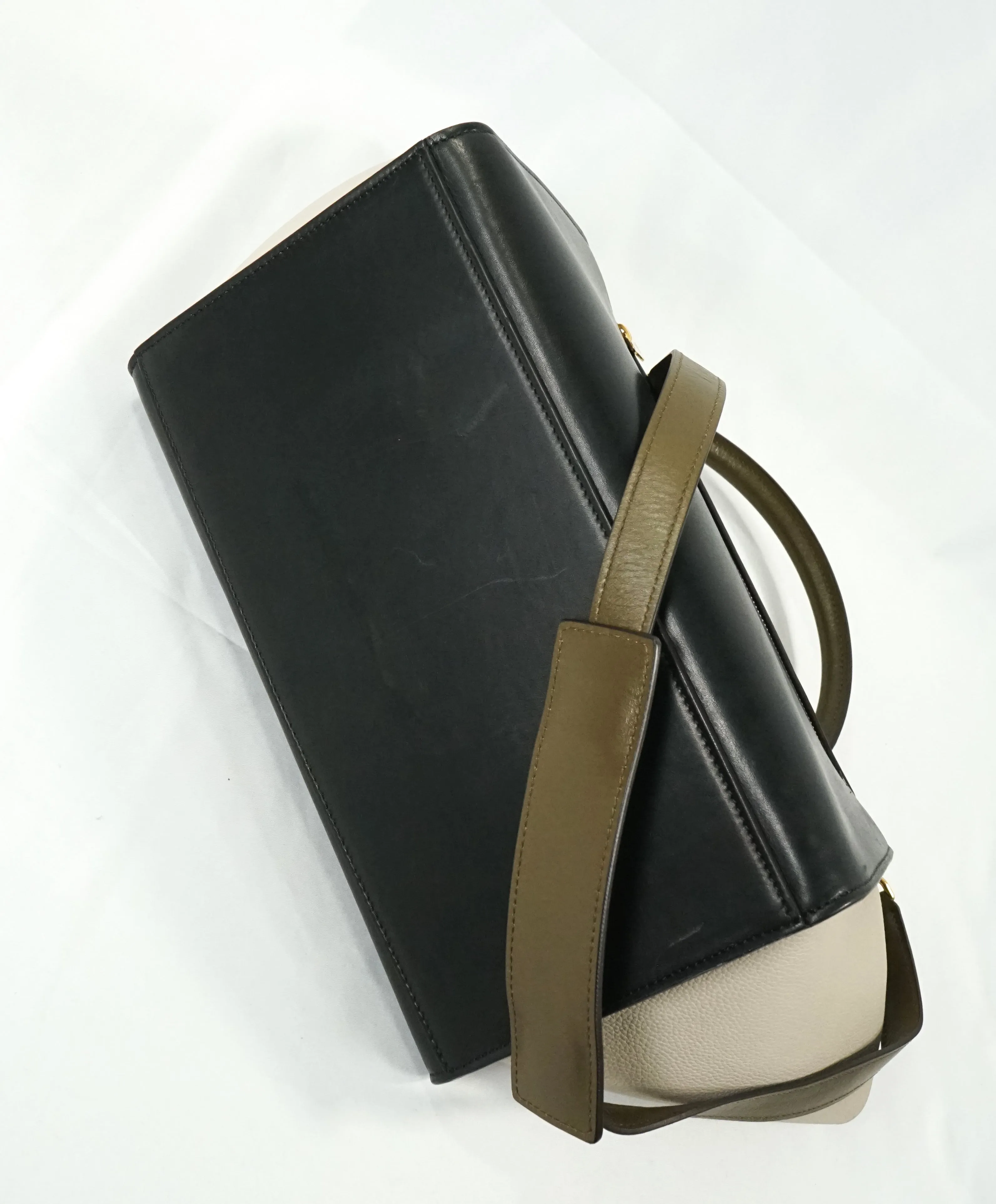 $2,950 CELINE - "Trapeze" Sleek Calfskin Tricolor Moss Green Handbag -