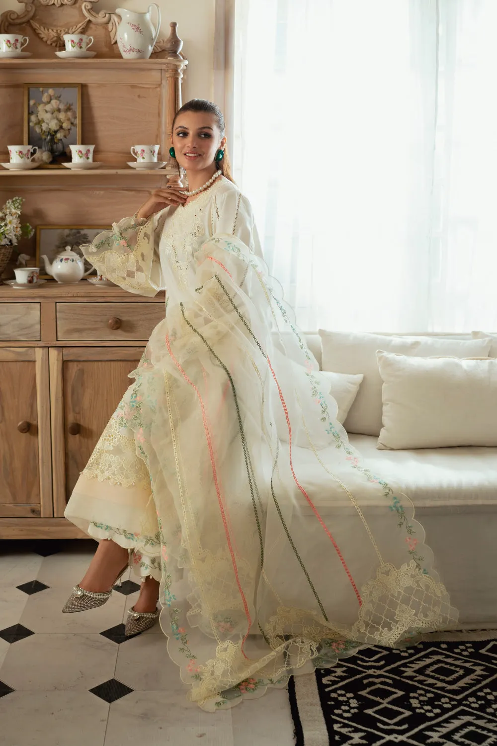 3PC Unstitched | Embroidered Lawn Suit | Organza Dupatta
