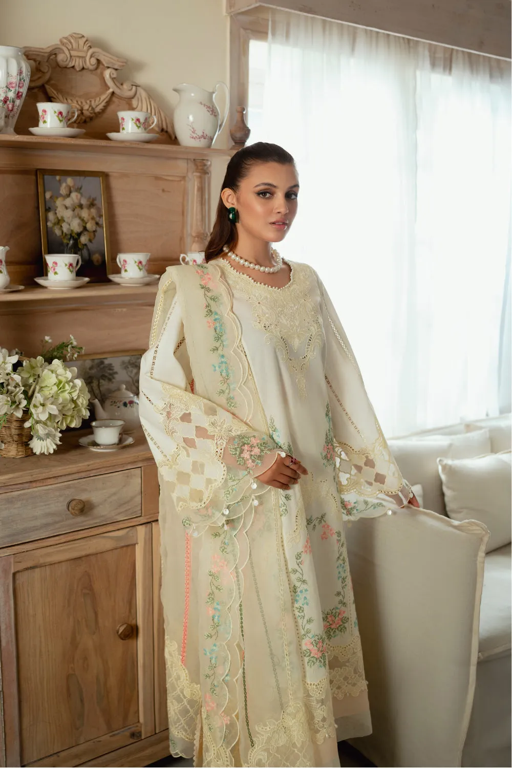 3PC Unstitched | Embroidered Lawn Suit | Organza Dupatta