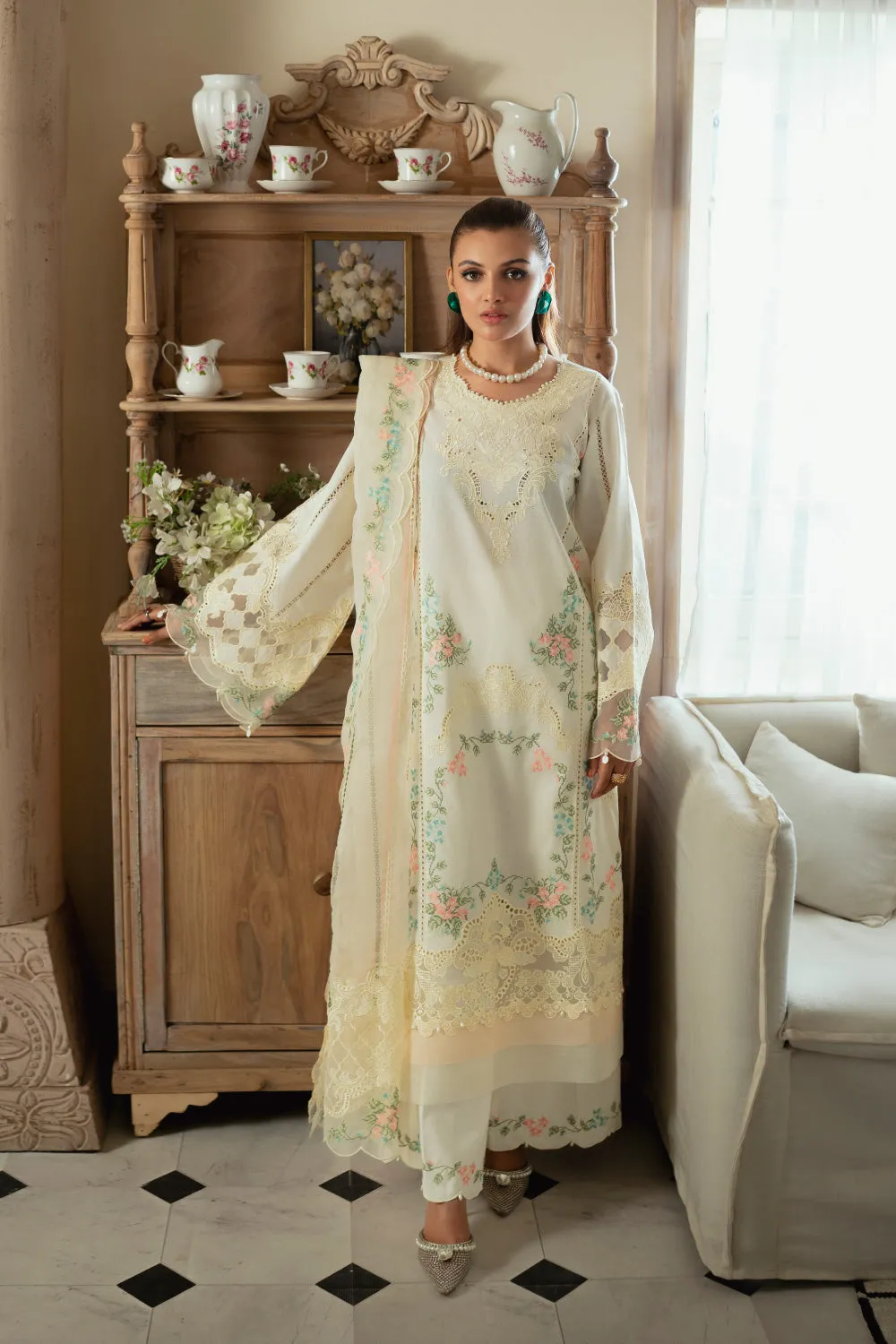 3PC Unstitched | Embroidered Lawn Suit | Organza Dupatta