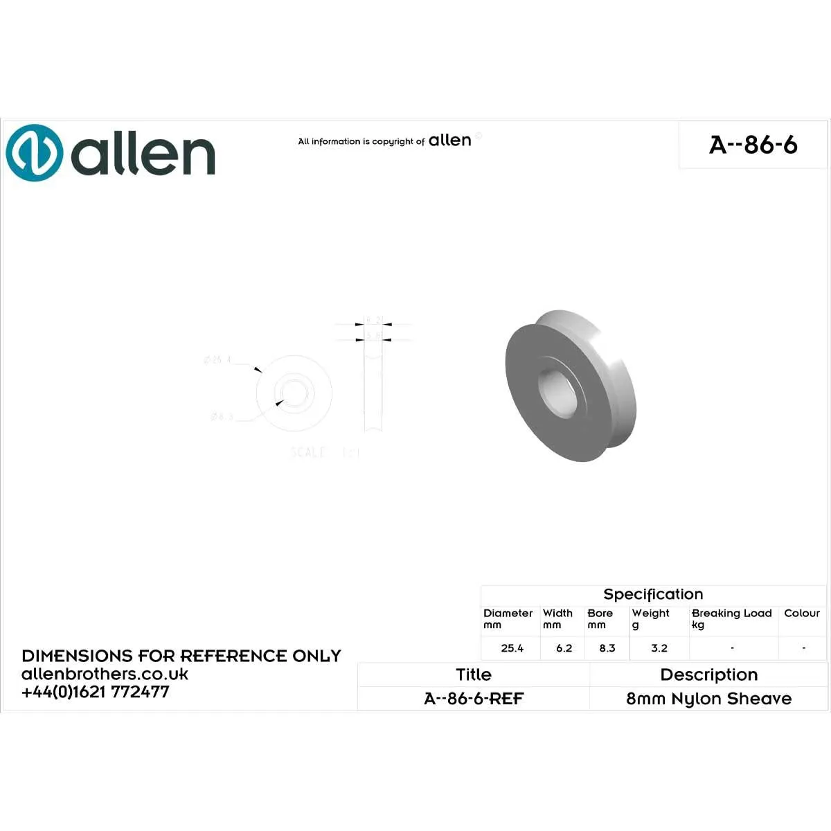 Allen Plain Acetal Sheave - 26x8x8mm