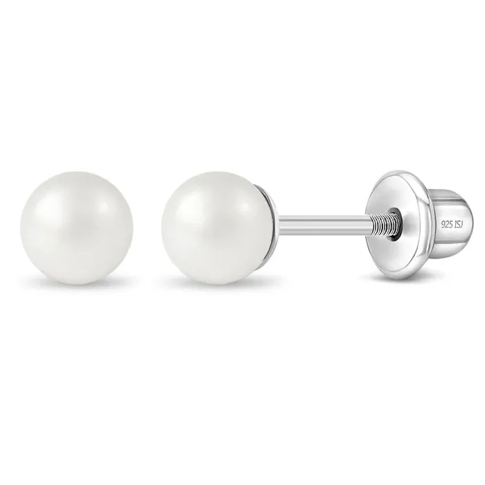 Baby and Children's Earrings:  Sterling Silver White Pearl Safety Screw Backs 4mm
