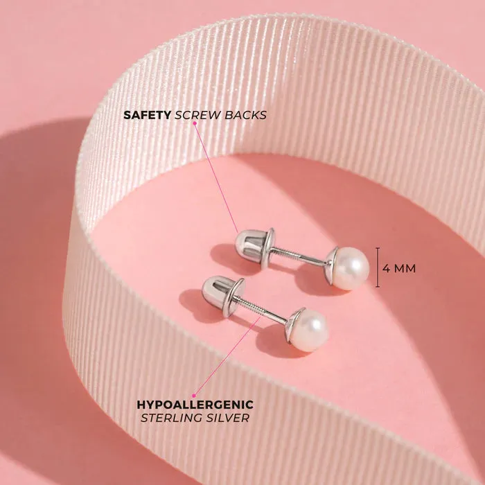 Baby and Children's Earrings:  Sterling Silver White Pearl Safety Screw Backs 4mm