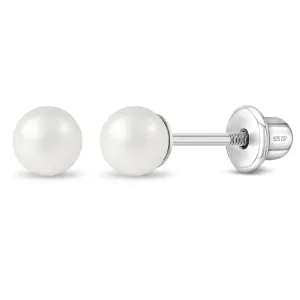 Baby and Children's Earrings:  Sterling Silver White Pearl Safety Screw Backs 4mm