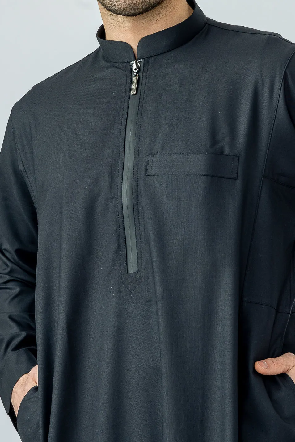 Black Plain Zip Collar Thobe