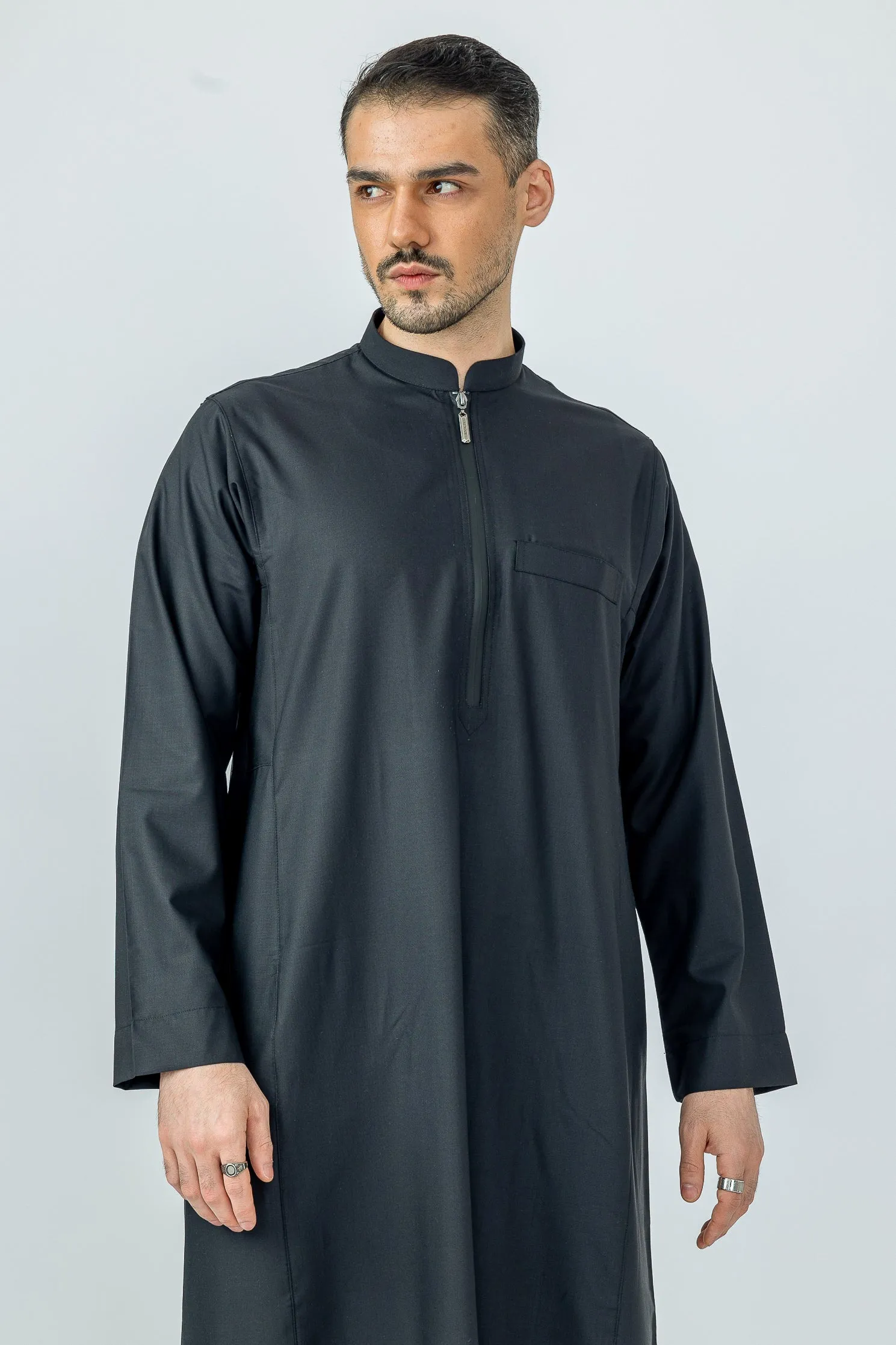 Black Plain Zip Collar Thobe