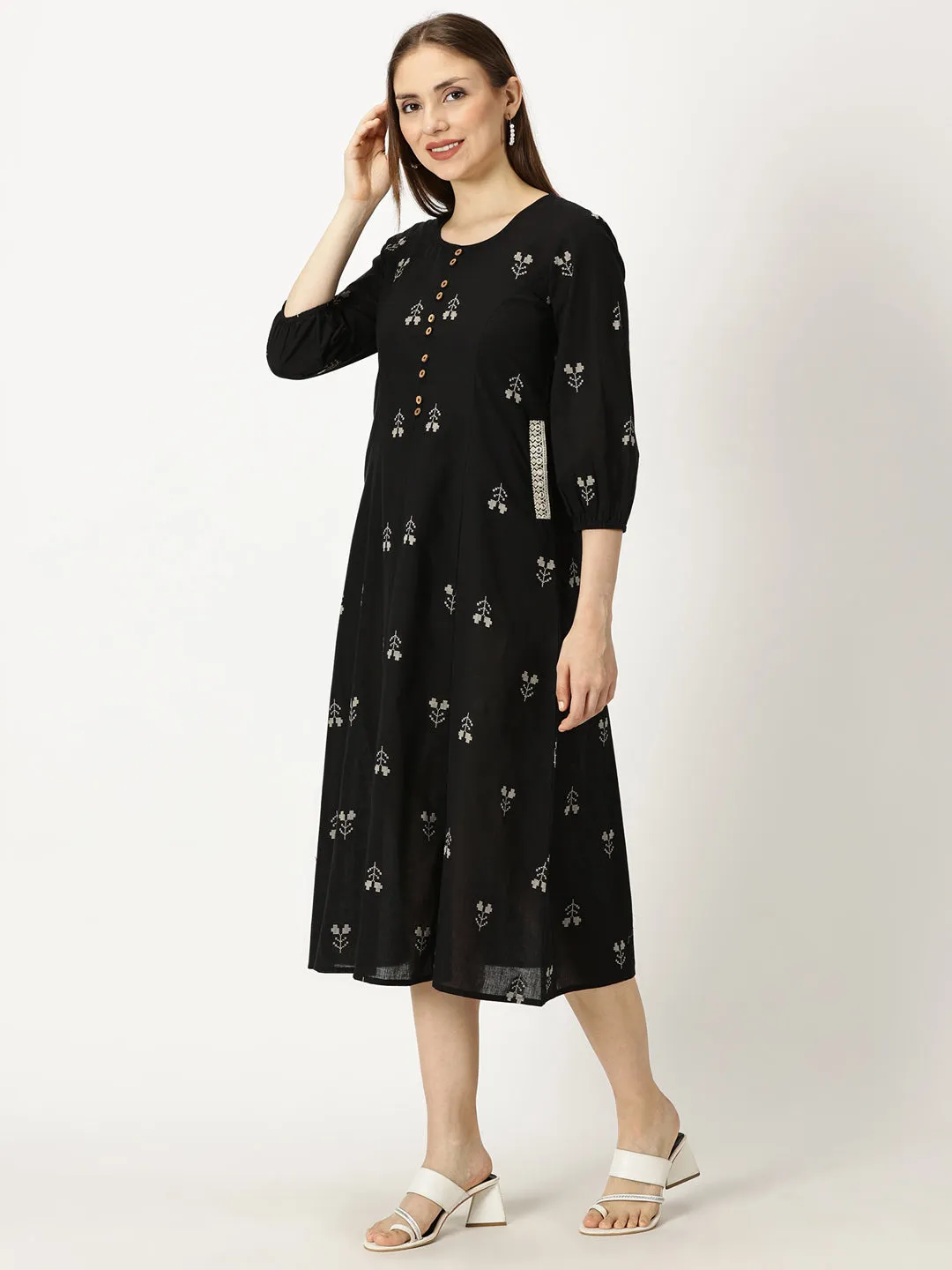 Black Princess Panelled Woven Cotton Dress
