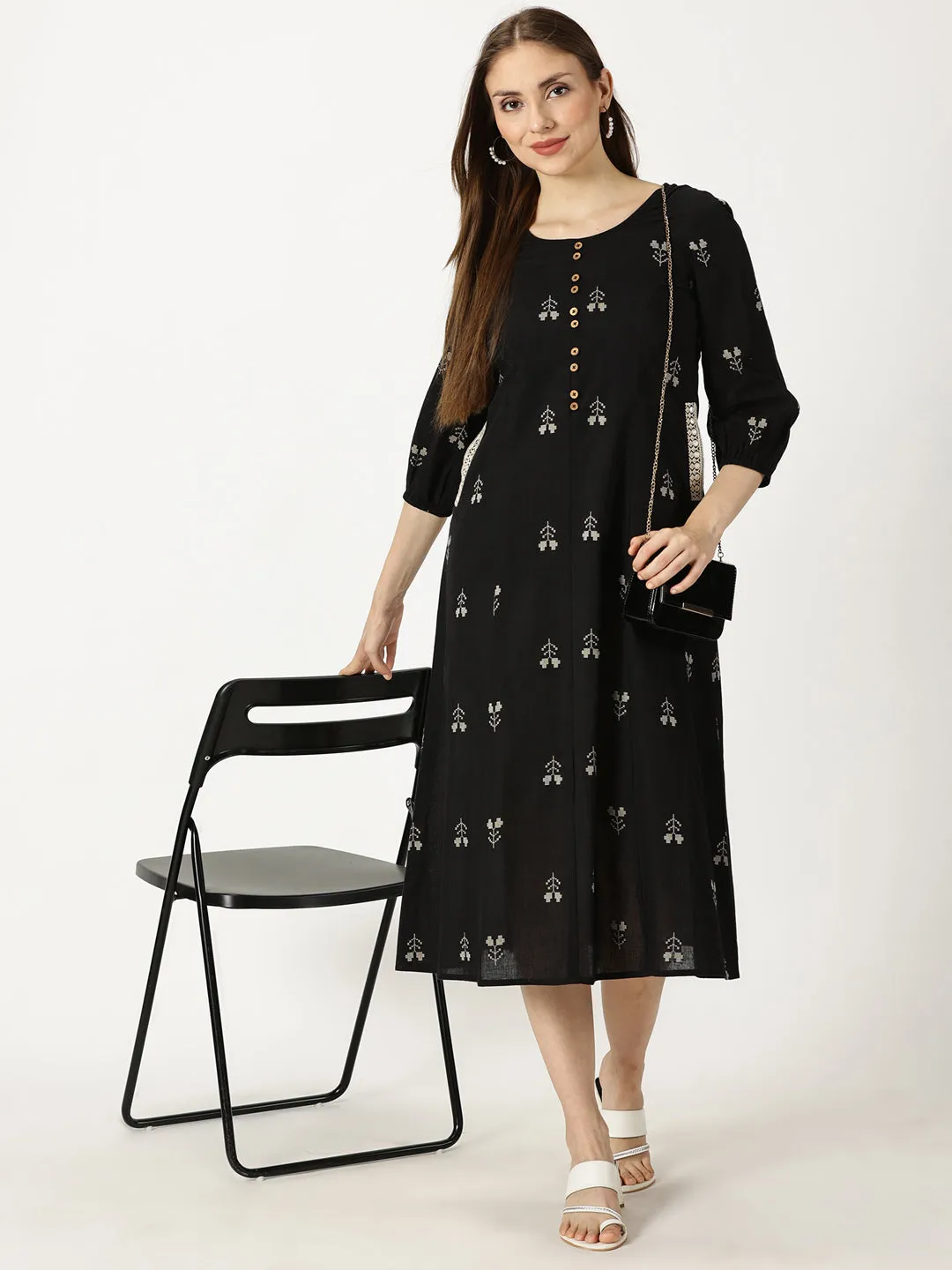 Black Princess Panelled Woven Cotton Dress