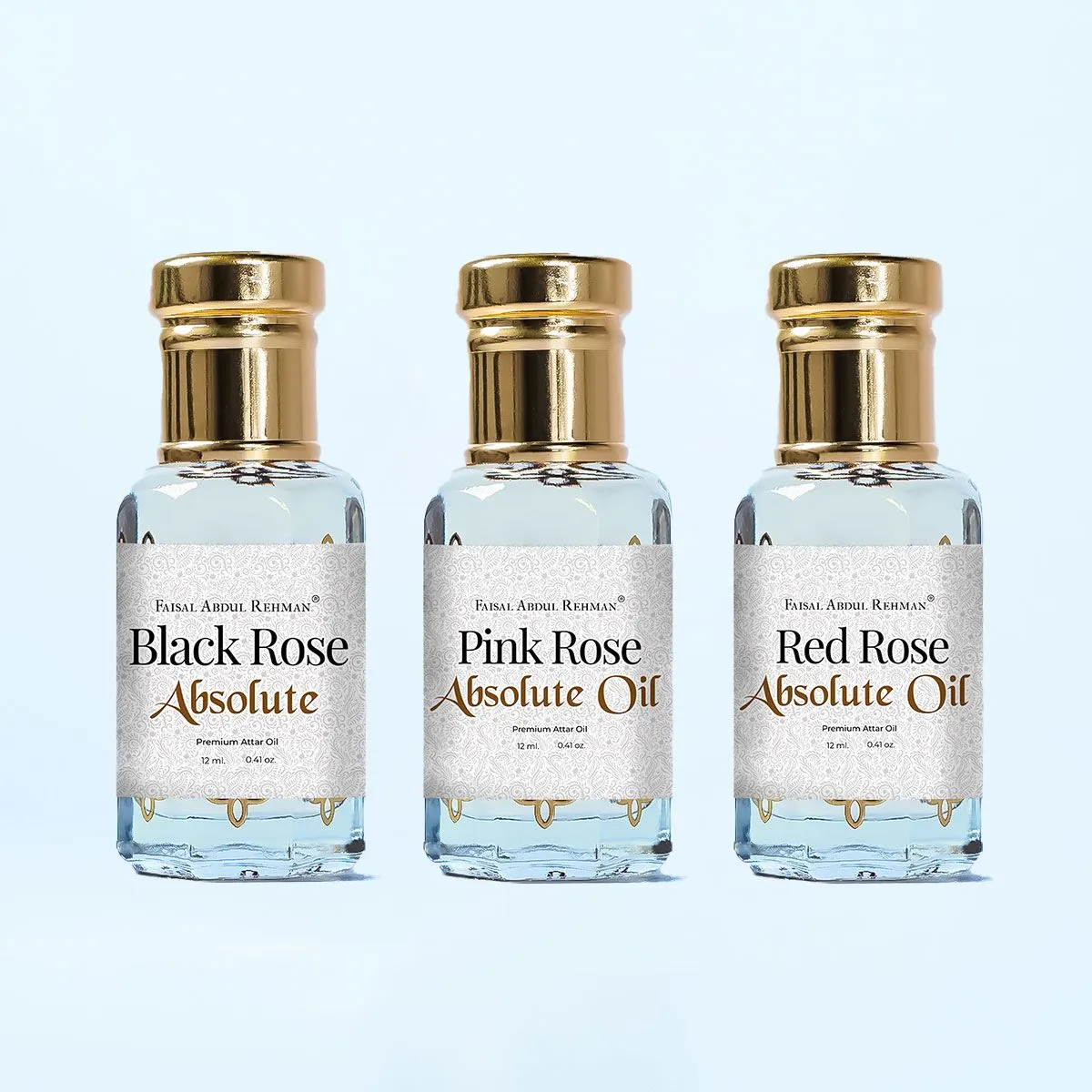 Black Rose Absolute, Pink Rose Absolute Oil, Red Rose Absolute Oil 12ml Each, Pack Of 3-Faisal Abdul Rehman Attar