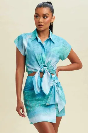 BLUE OMBRE SUMMER SET OF A TIE CROPPED TOP AND MINI SKIRT