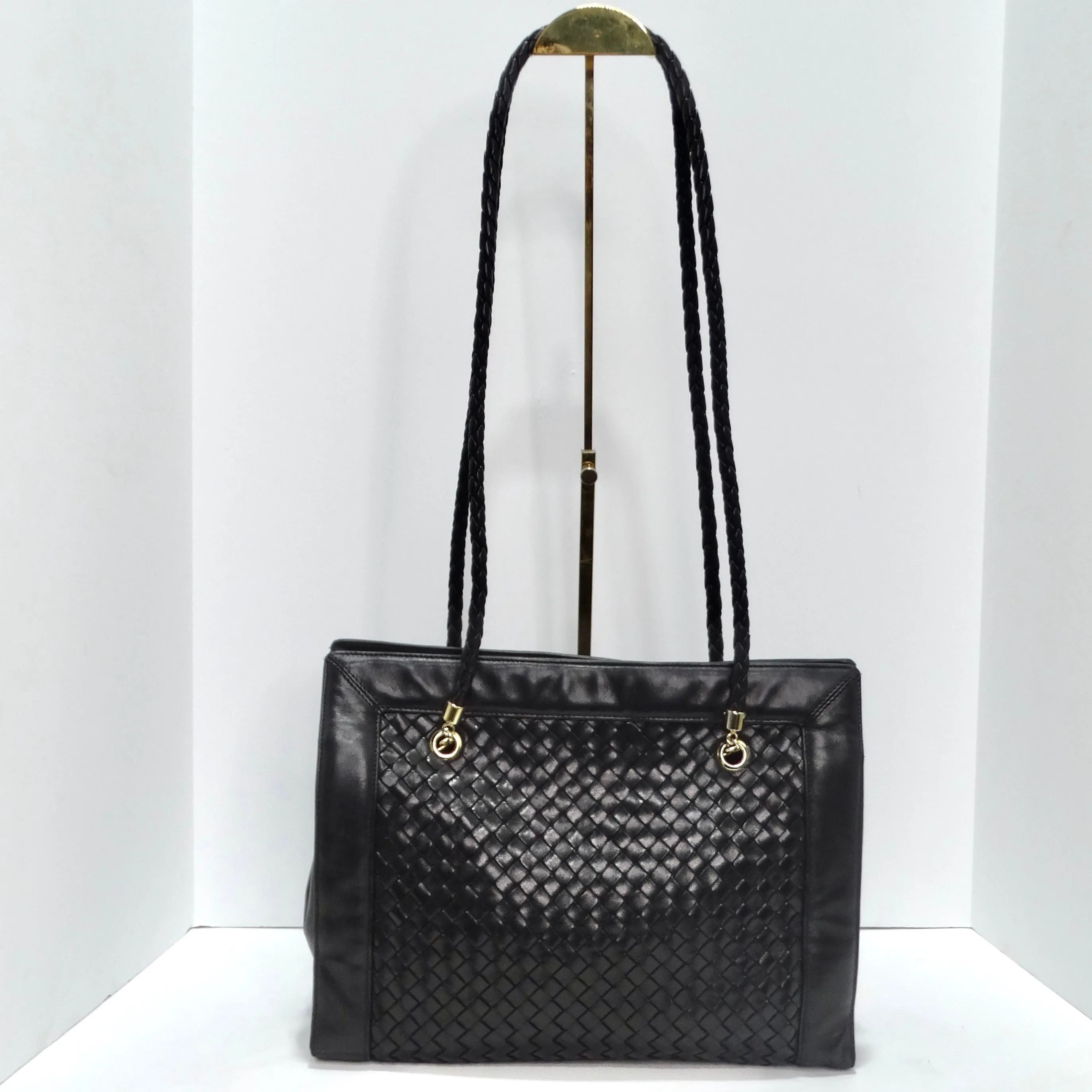 Bottega Veneta 1980s Black Leather Woven Handbag
