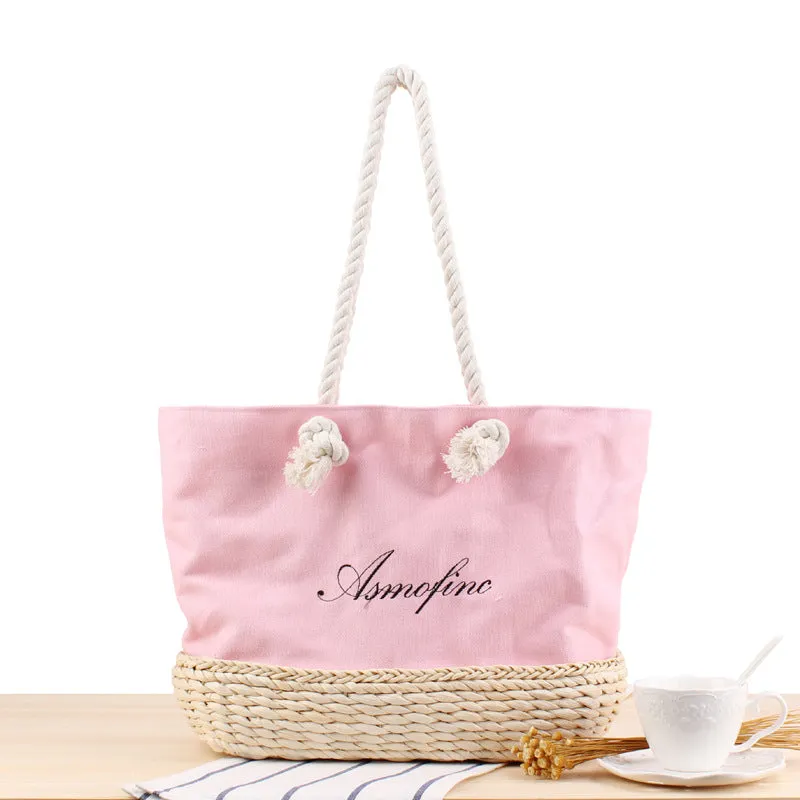 Canvas Embroidered Letter Shoulder Straw Bag Summer Vacation Beach Casual Weaving Handbag
