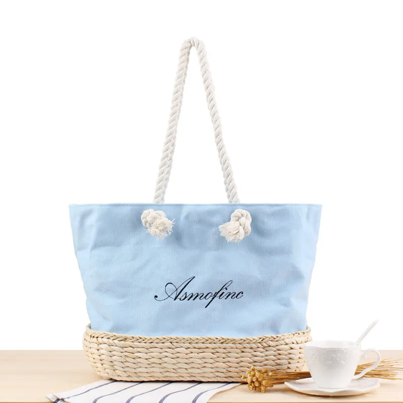 Canvas Embroidered Letter Shoulder Straw Bag Summer Vacation Beach Casual Weaving Handbag