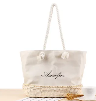Canvas Embroidered Letter Shoulder Straw Bag Summer Vacation Beach Casual Weaving Handbag