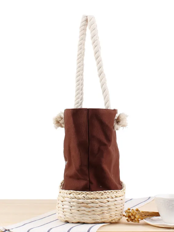Canvas Embroidered Letter Shoulder Straw Bag Summer Vacation Beach Casual Weaving Handbag