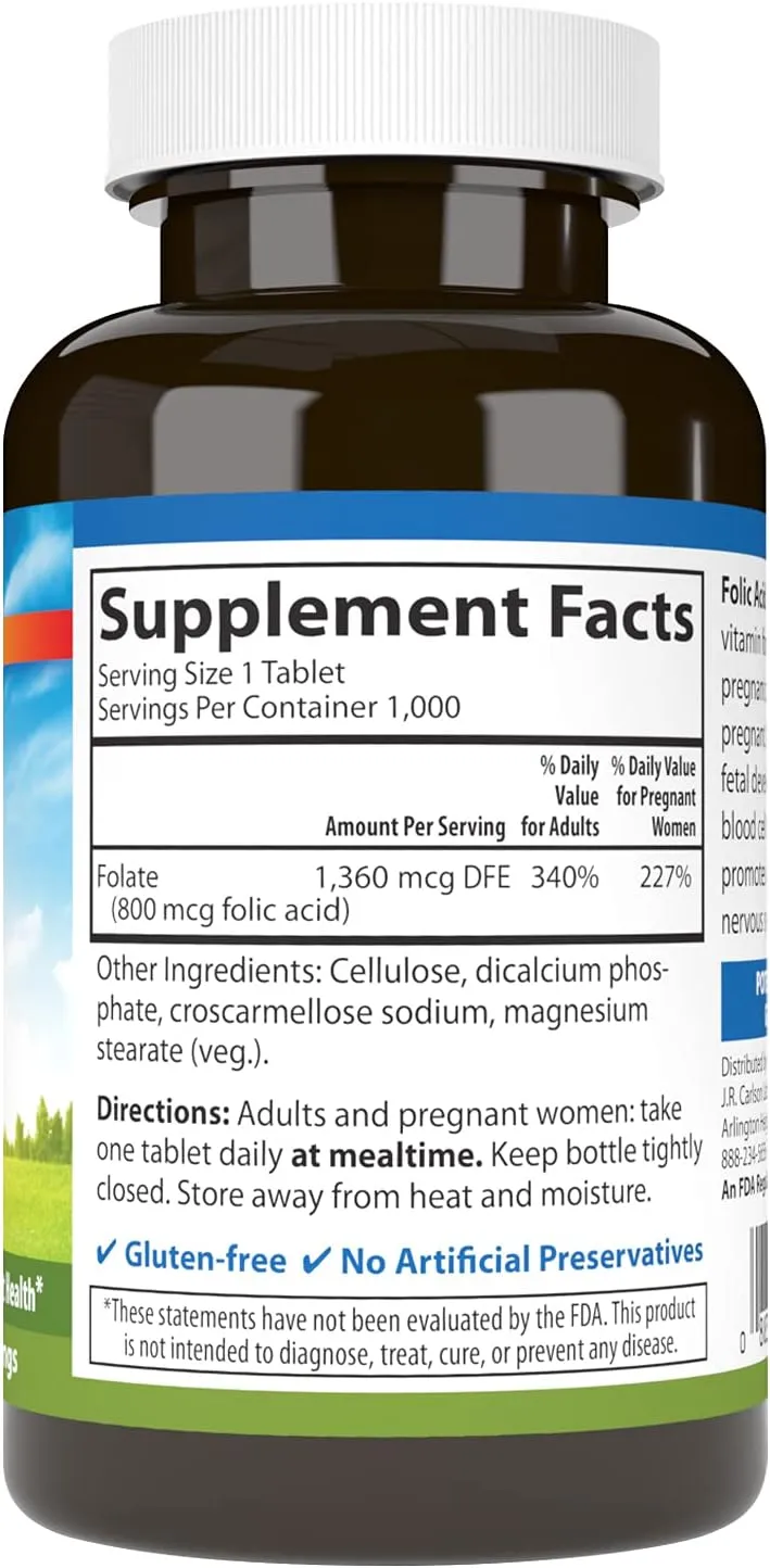 Carlson - Folic Acid, 800 mcg, Provides Important Prenatal Support, 1000 tablets