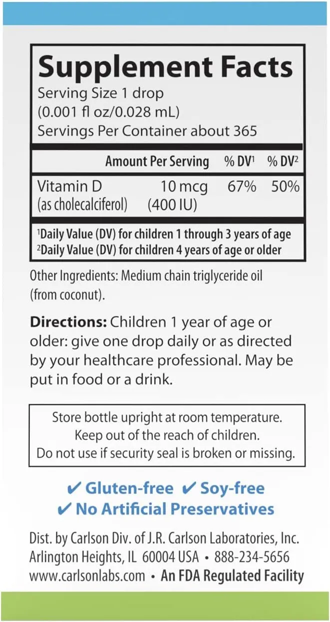 Carlson - Kid's Super Daily D3, Kids Vitamin D Drops, 400 IU (10 mcg) per Drop, Heart Health, Immune Support, Vegetarian, Liquid Vitamin D Drops, Unflavored, 365 Drops