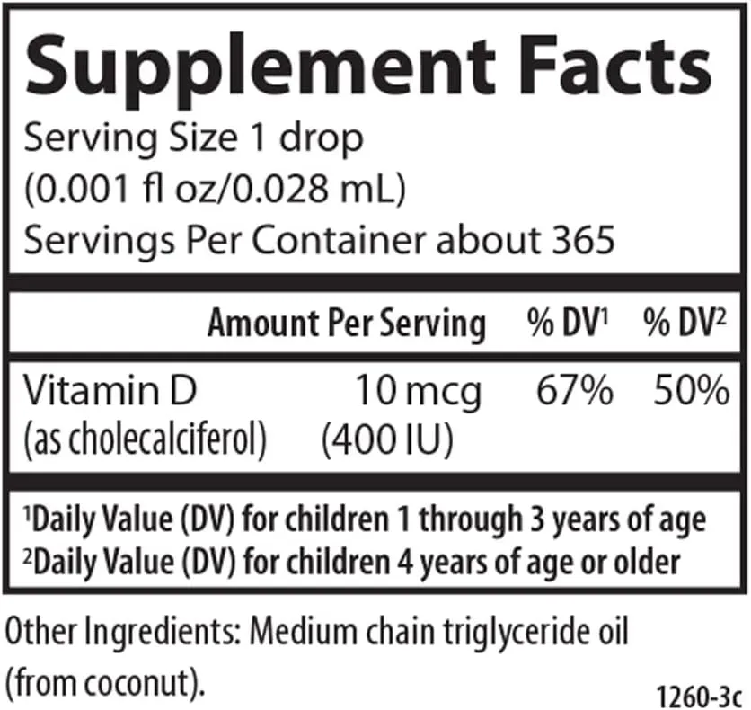 Carlson - Kid's Super Daily D3, Kids Vitamin D Drops, 400 IU (10 mcg) per Drop, Heart Health, Immune Support, Vegetarian, Liquid Vitamin D Drops, Unflavored, 365 Drops