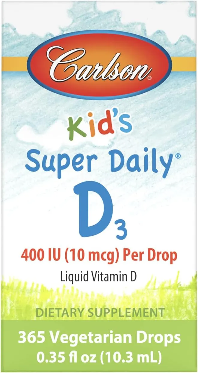 Carlson - Kid's Super Daily D3, Kids Vitamin D Drops, 400 IU (10 mcg) per Drop, Heart Health, Immune Support, Vegetarian, Liquid Vitamin D Drops, Unflavored, 365 Drops