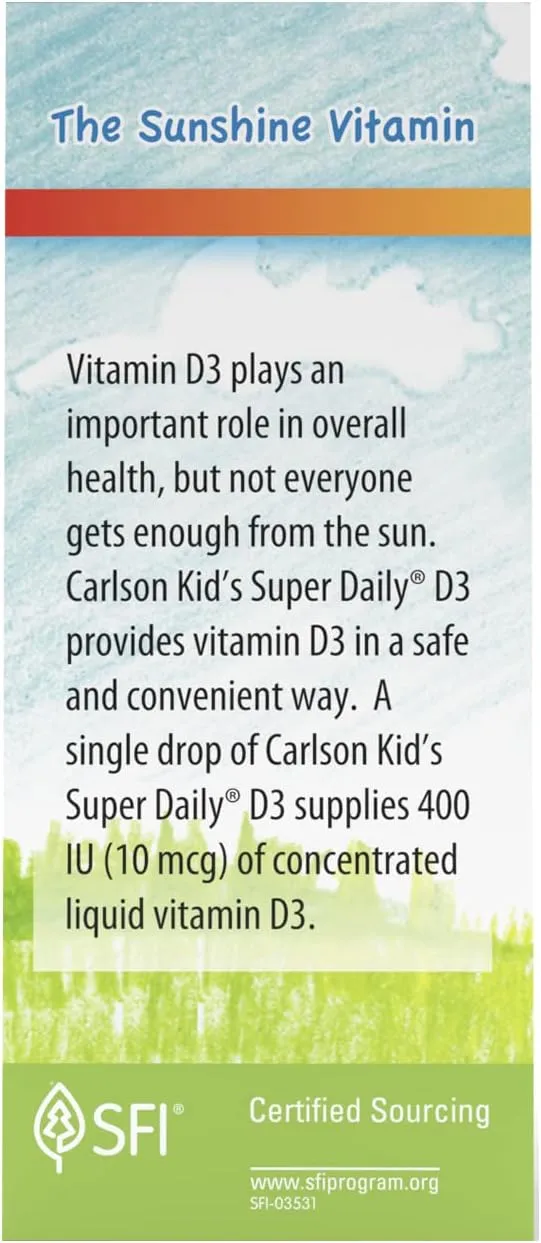 Carlson - Kid's Super Daily D3, Kids Vitamin D Drops, 400 IU (10 mcg) per Drop, Heart Health, Immune Support, Vegetarian, Liquid Vitamin D Drops, Unflavored, 365 Drops
