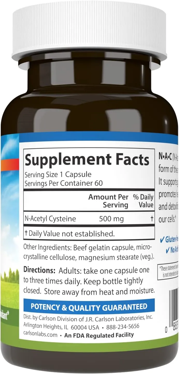 Carlson Labs NAC N-Acetyl Cysteine, 500mg, 60 Capsules