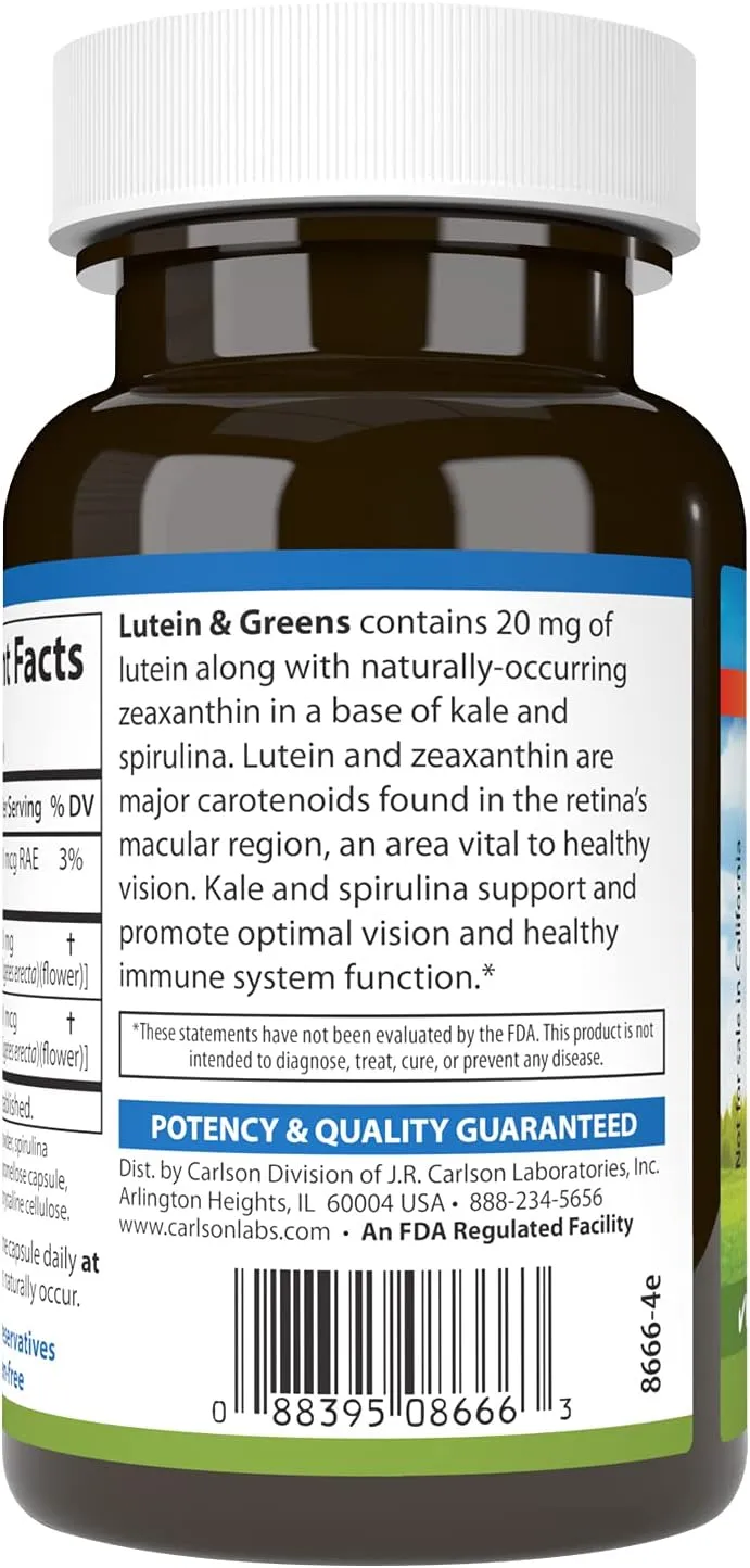 Carlson - Lutein & Greens, 20 mg, Vision Support & Eye Function, Antioxidant, 60 Vegetarian Capsules