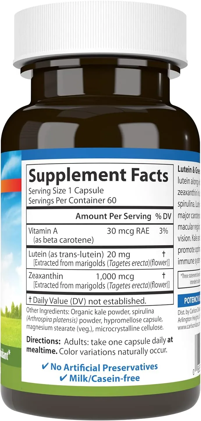 Carlson - Lutein & Greens, 20 mg, Vision Support & Eye Function, Antioxidant, 60 Vegetarian Capsules