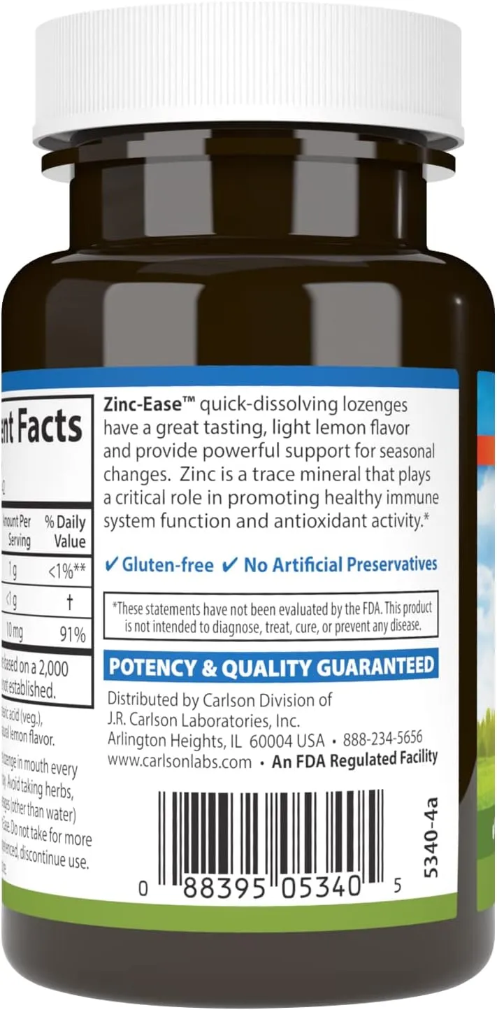 Carlson - Zinc-Ease, Soothing Lozenge, Immune Support & Optimal Wellness, Antioxidant, Lemon, 42 Lozenges