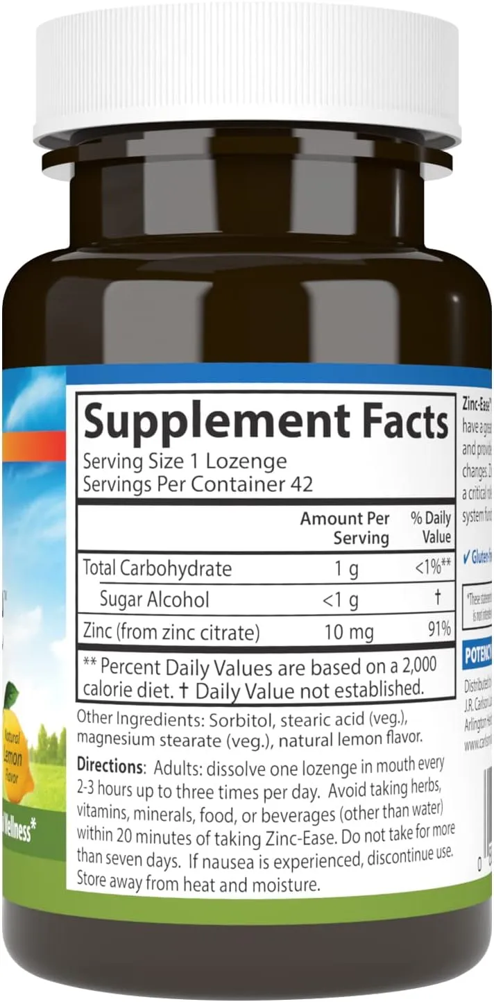 Carlson - Zinc-Ease, Soothing Lozenge, Immune Support & Optimal Wellness, Antioxidant, Lemon, 42 Lozenges