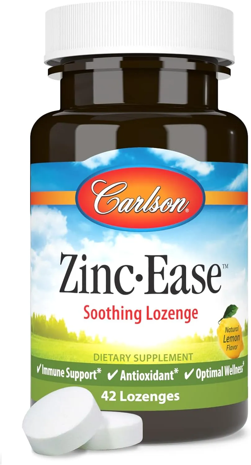 Carlson - Zinc-Ease, Soothing Lozenge, Immune Support & Optimal Wellness, Antioxidant, Lemon, 42 Lozenges