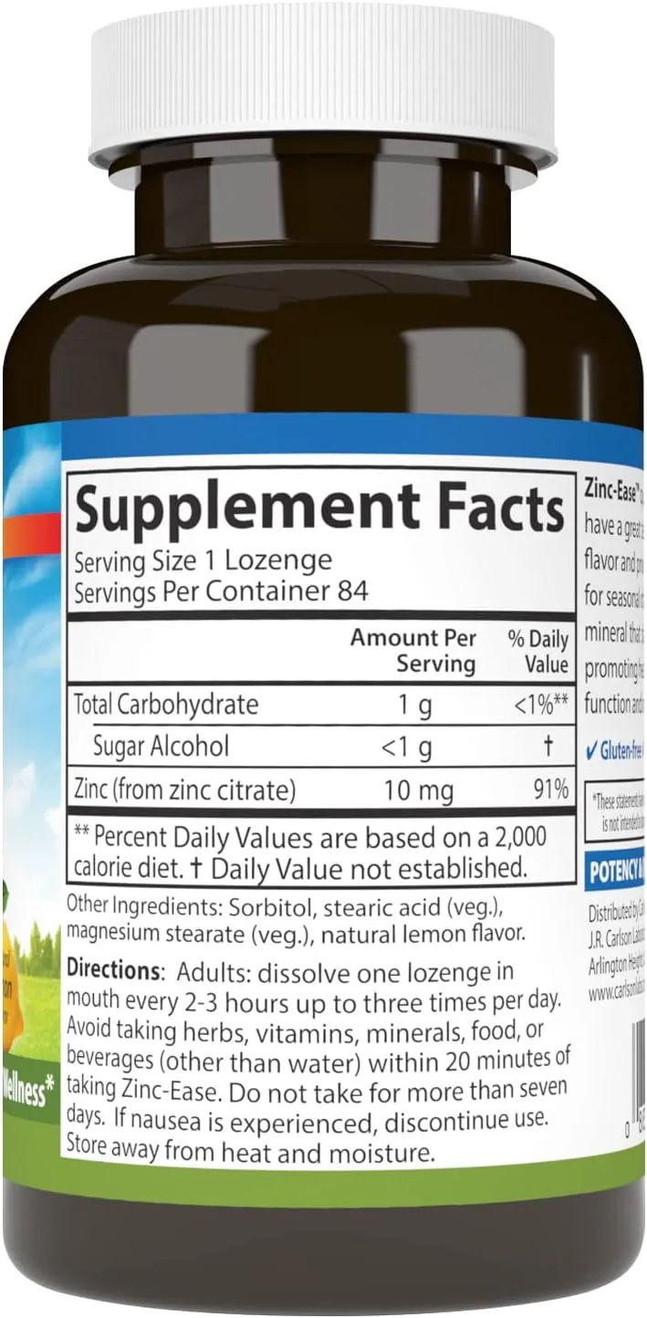 Carlson - Zinc-Ease, Soothing Lozenge, Immune Support & Optimal Wellness, Antioxidant, Lemon, 84 Lozenges