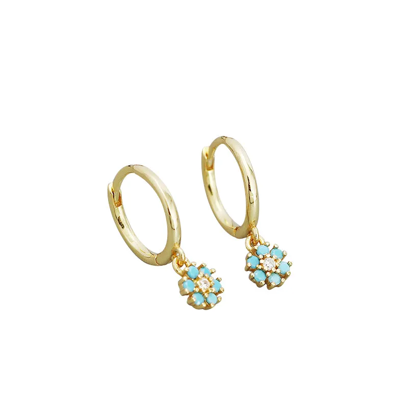Children's Earrings:  Sterling Silver Hoops with Blue CZ Flowers