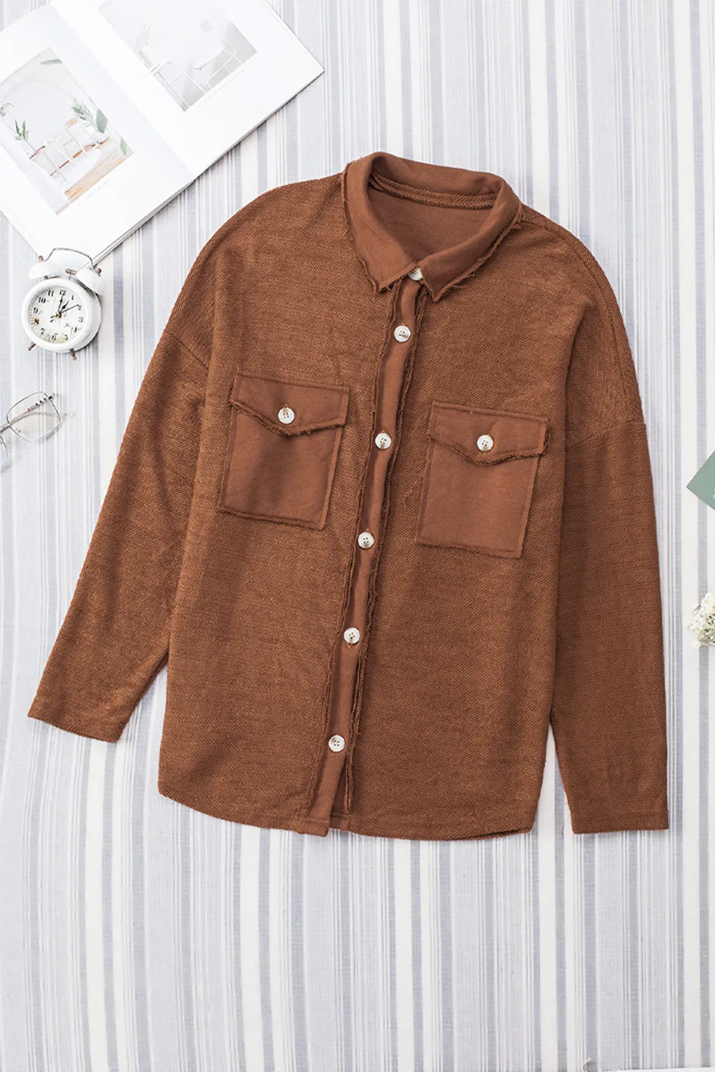 Contrast Flap Pockets Brown Relaxed Shacket