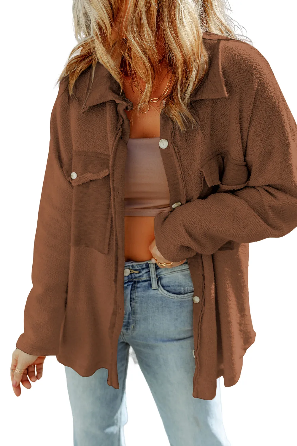 Contrast Flap Pockets Brown Relaxed Shacket
