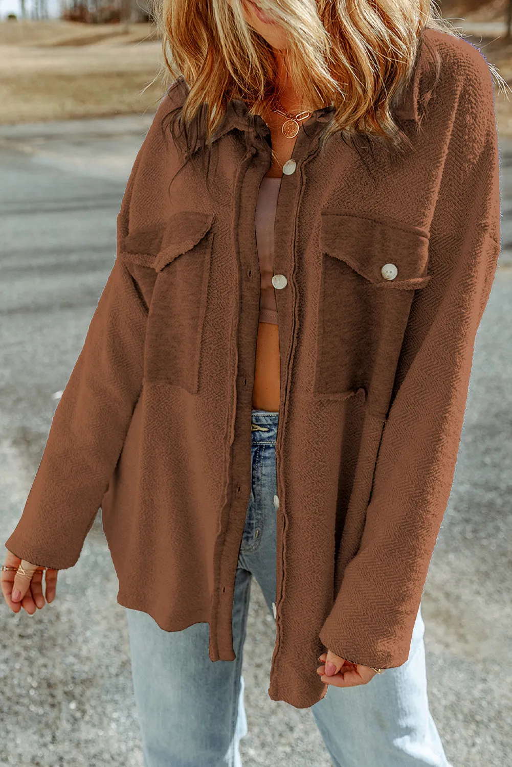 Contrast Flap Pockets Brown Relaxed Shacket