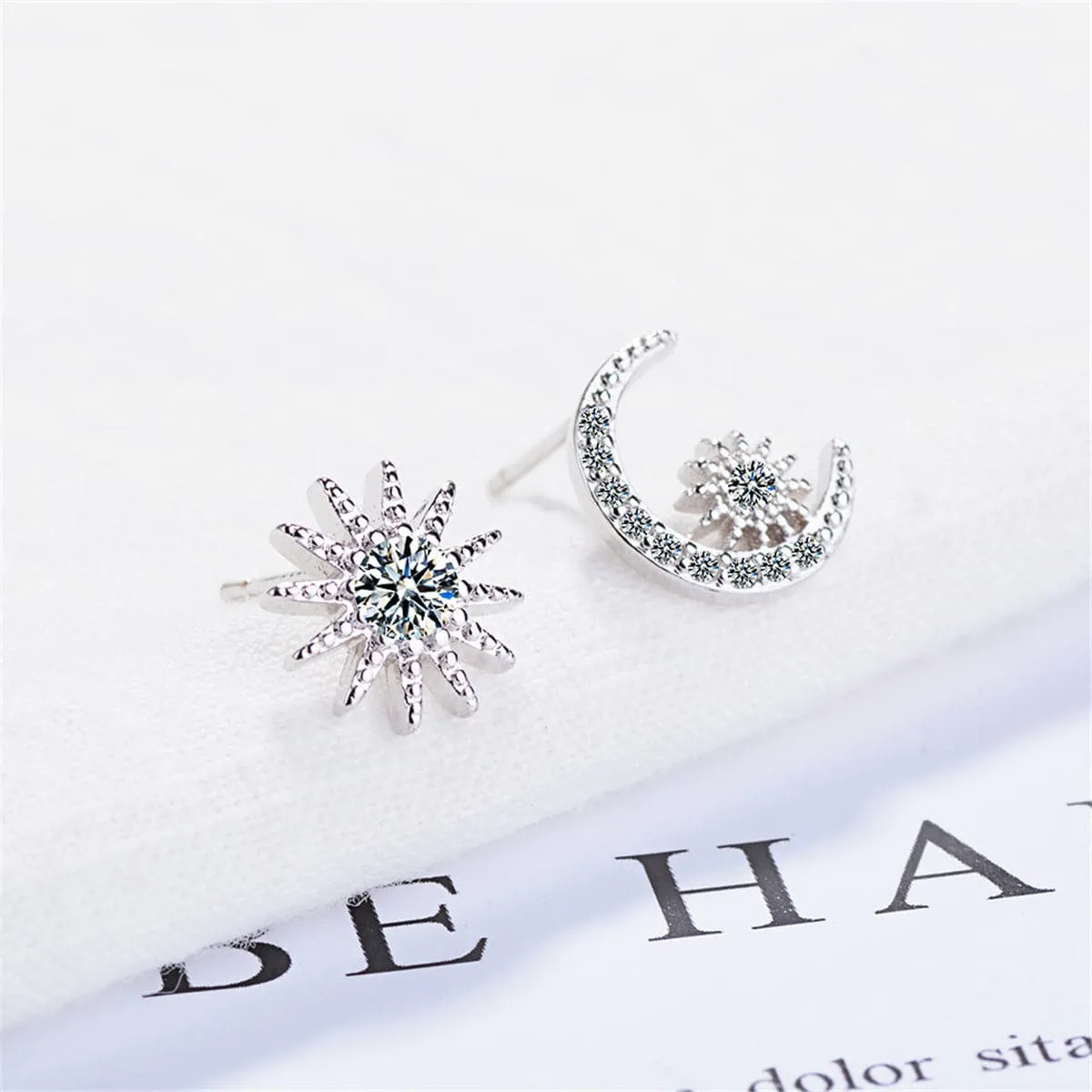 Cubic Zirconia & Silver-Plated Moon & Star Stud Earrings