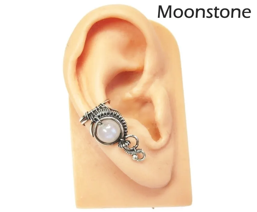 Custom Gemstone and Sterling Silver Woven Wire Ear Cuff; "Woven Bezel" Model