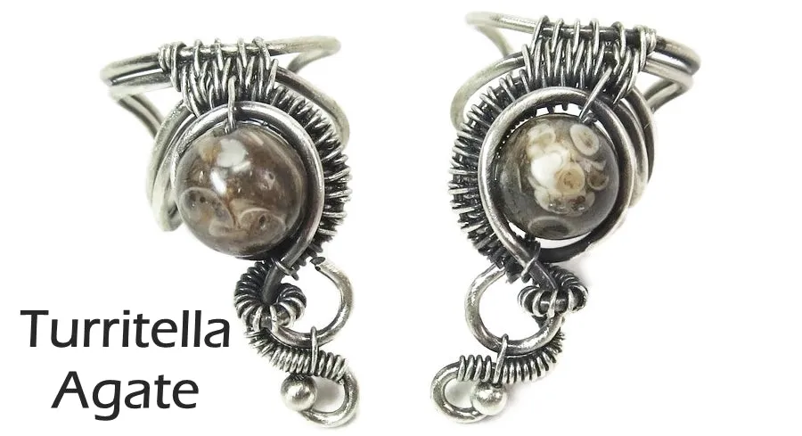 Custom Gemstone and Sterling Silver Woven Wire Ear Cuff; "Woven Bezel" Model