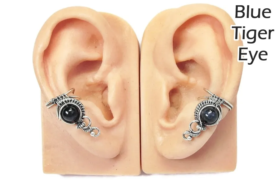 Custom Gemstone and Sterling Silver Woven Wire Ear Cuff; "Woven Bezel" Model