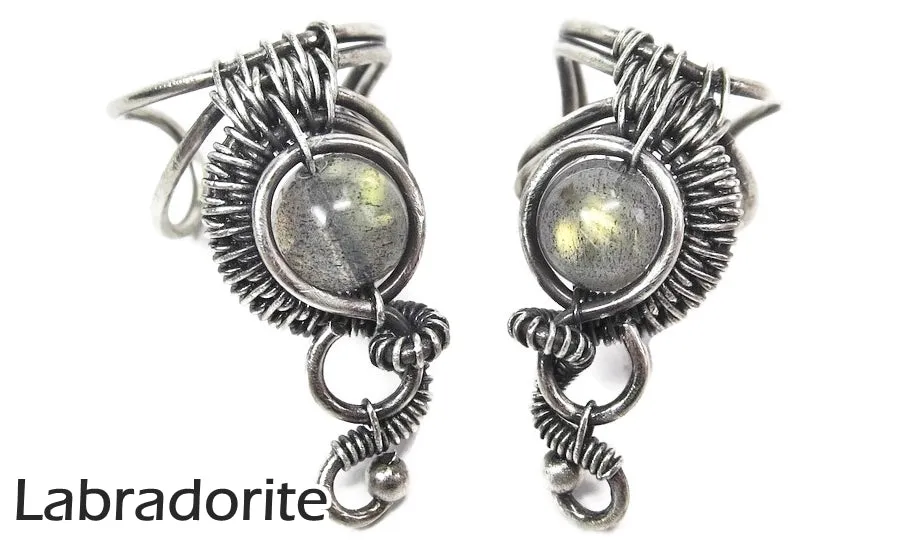 Custom Gemstone and Sterling Silver Woven Wire Ear Cuff; "Woven Bezel" Model